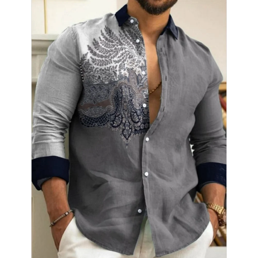 Men's Linen Long Sleeved Shirt With Printed Shirt Retro Casual Fashion Shirt Comfortable Ethnic Pattern And Pattern Male Top ﻿