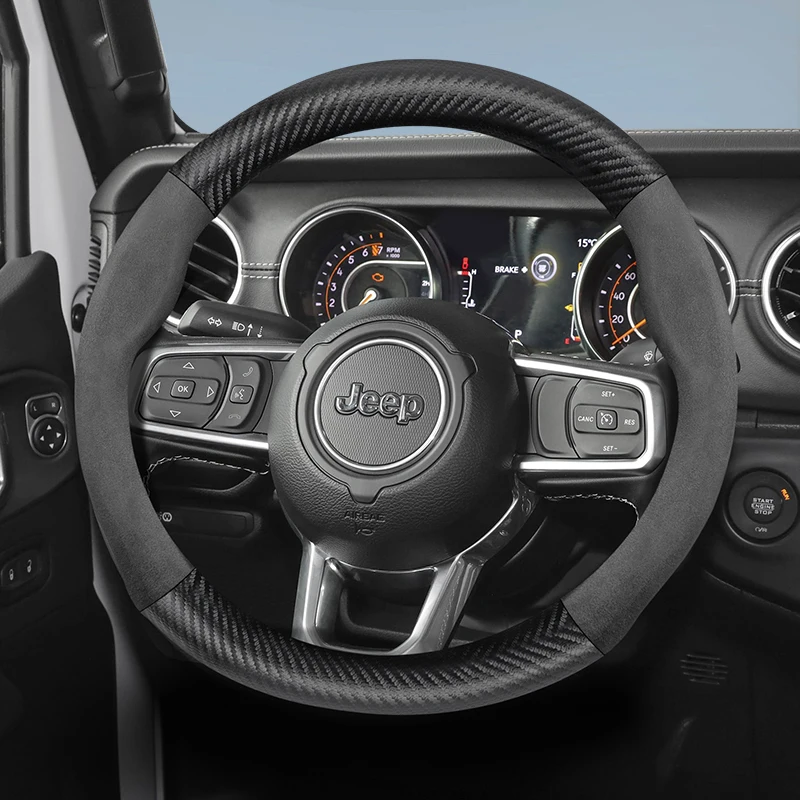 

Suitable for Jeep Suede Matte Carbon Fiber Texture Steering Wheel Cover, Suitable for Wrangler 4Xe S Grand Cherokee L Cherokee Compass Renegade Gladiator and Other Models, Black, Red, Saddle Brown, Mocha Brown