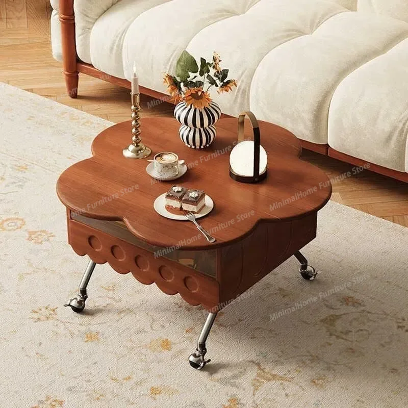 Medieval solid wood lifting petal coffee table household living room movable side several multi-functional rock slab tea table