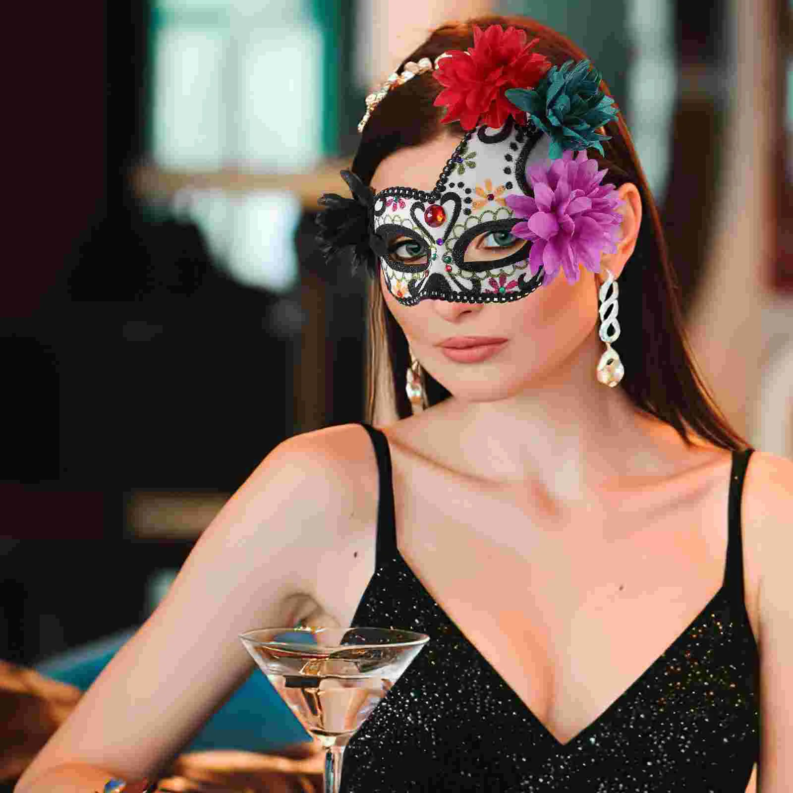 

Day of The Dead Mask Masquerade Half Face Flower Halloween Mexican Decor Costume Ball for Women