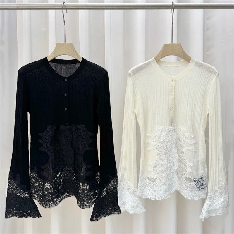 

Cardigan for women 2026 Summer New Elastic Knitted Women's Long Sleeve Top Lace patchwork thin coat wool blend Women's sweater