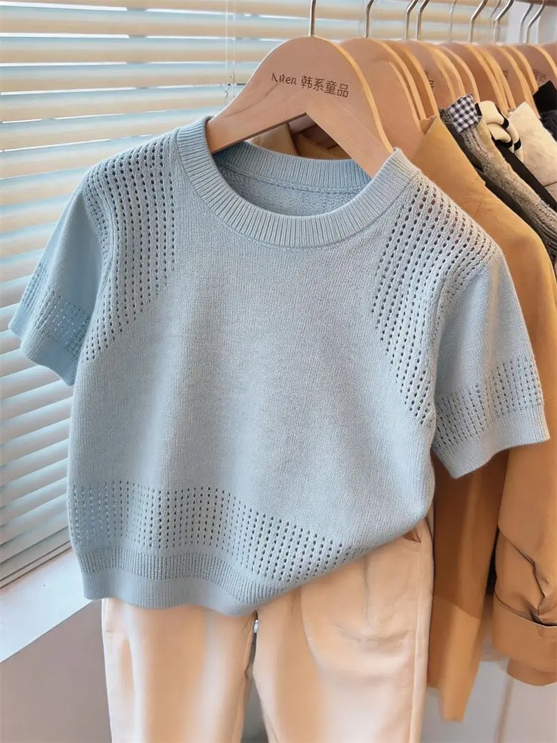 Toddler Boys Girls Hollow Mesh Knitted Shirt Thin Short Sleeve Round Neck T-Shirt Soft Summer Tops 2026 New