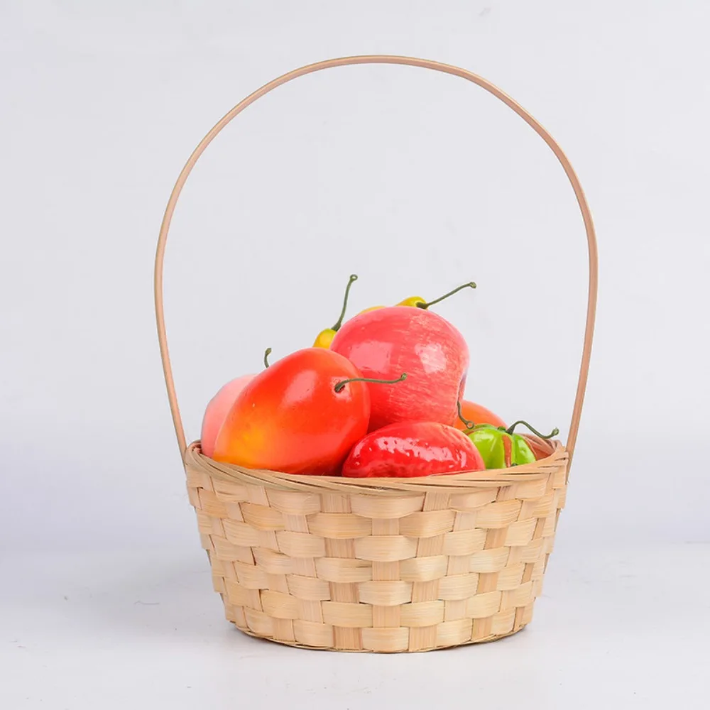 Large Capacity Storage Basket Long Handle Fruit Storage Bin Rattan Fruit Basket Bamboo Flower Basket Handmade Kitchen Accessory