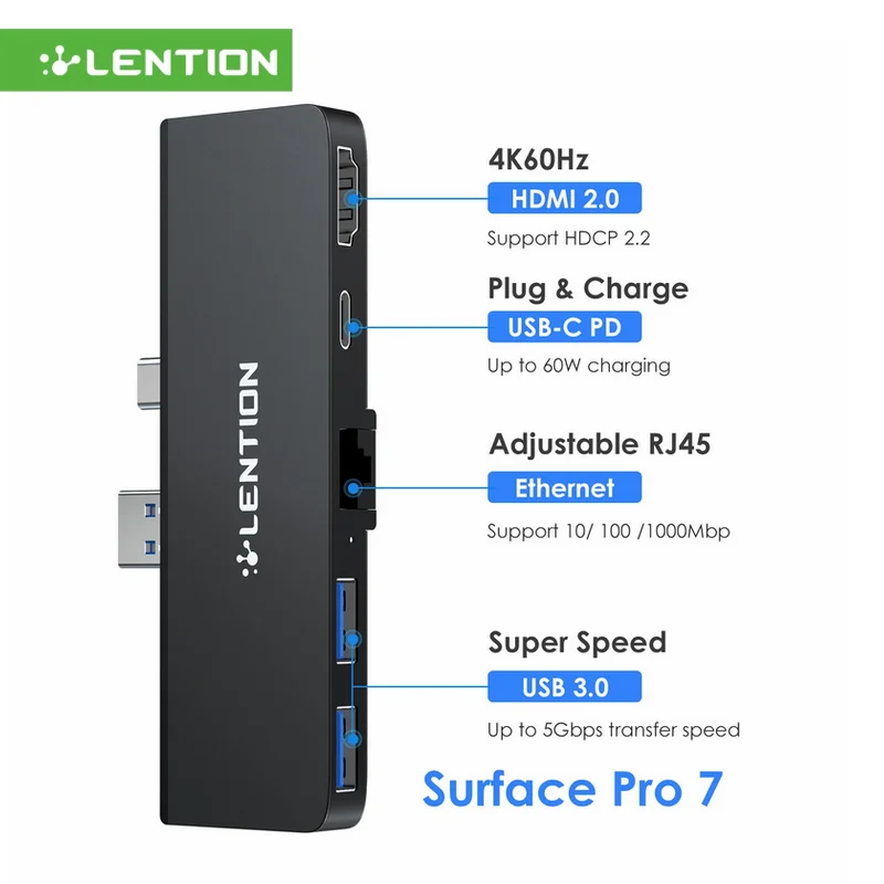 

LENTION Microsoft Surface Pro 7 USB C Hub Docking Station 4K@60Hz USB-C to HDMI RJ45 1000Mbps PD60W Type C Charging Port Hub