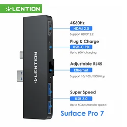 LENTION Microsoft Surface Pro 7 USB C Hub Docking Station 4K@60Hz USB-C to HDMI RJ45 1000Mbps PD60W Type C Charging Port Hub