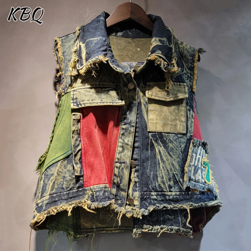 KBQ Hit Color Patchwork Tassel Chic Coats For Women Lapel Sleeveless Minimalist High Street Waistcoat Female Fashion Style New