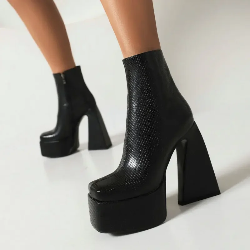 Green White Triangle Shape Thick High Heeled Woman Shoes Fashion Winter Block Heels Botines Big Size 45 46 Platform Ankle Boots