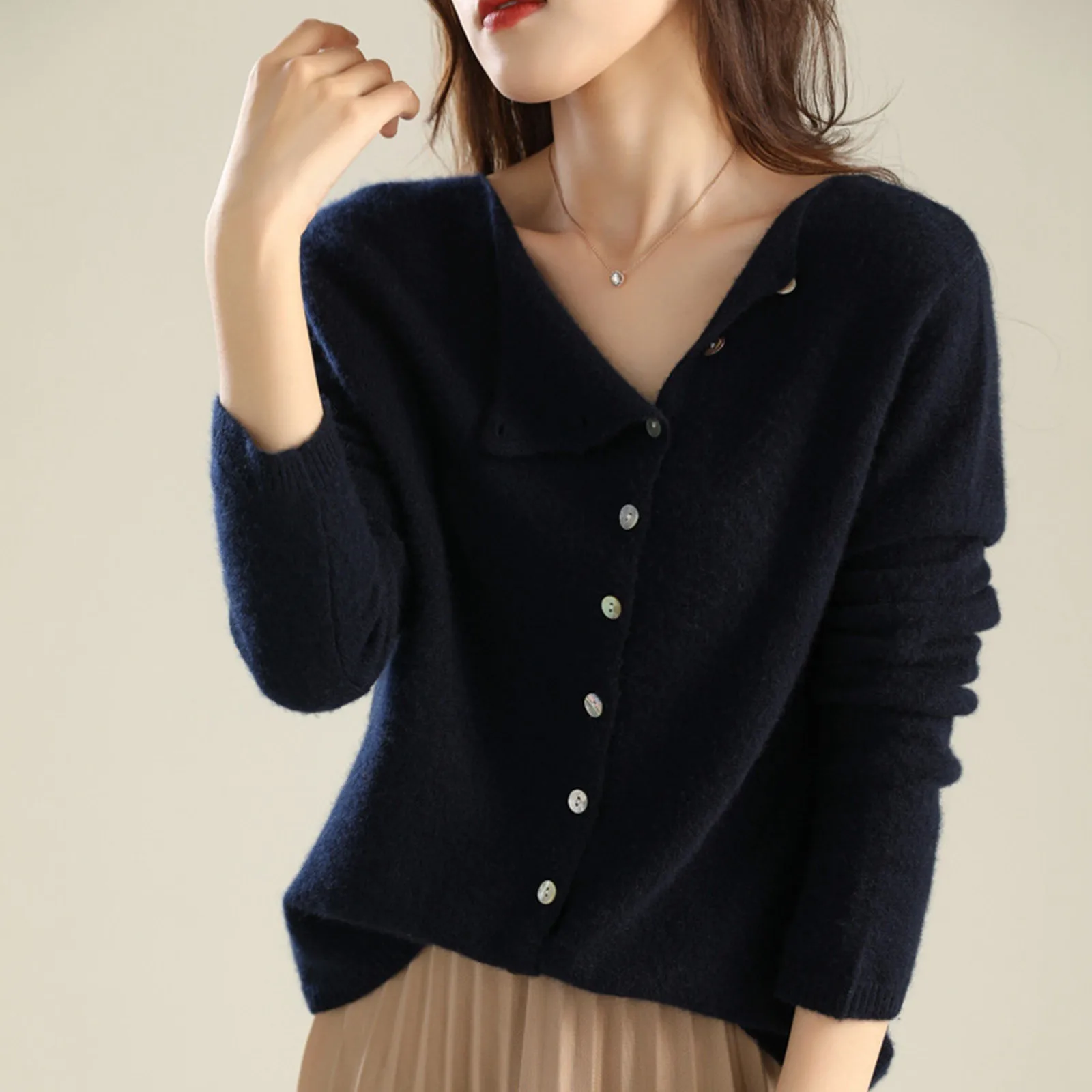 Autumn 2024 Asymmetrical Button Women Cardigan O-Neck winter Fleece Jumpers Cotton Single-Breasted solid color Knitted Tops