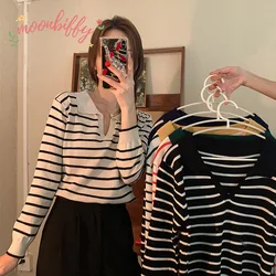 Striped V-neck Pullover Polo Sweater Women's Early Autumn Casual All-match Tops Long-sleeved Knitted Bottoming Sweaters Jumpers