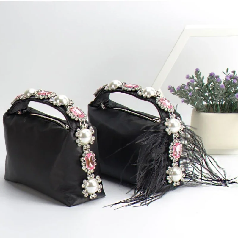 Women's Handbag Fashion gemstone Ostrich Fur Diamond Pearl Satin evening bags Summer Elegant Bucket Bag Chic Feminina Sac A Main