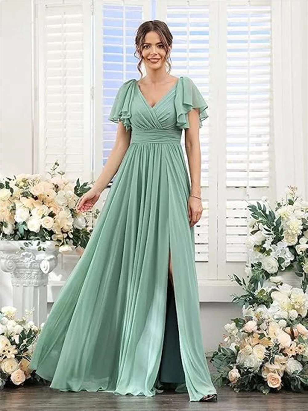 

Customized V Neck Flutter Sleeve Corset Bridesmaid Dress Plus Size With Slit Chiffon A Line Pleats Long Formal Prom Evening Gown