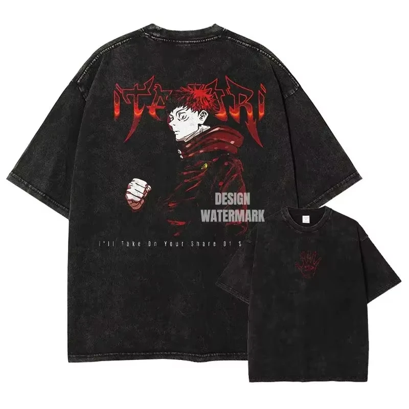 

Новая мужская футболка Y2K с коротким рукавом и круглым вырезом, коллекция 2026 года, винтажная, с эффектом потертости, с принтом аниме Jujutsu Kaisen