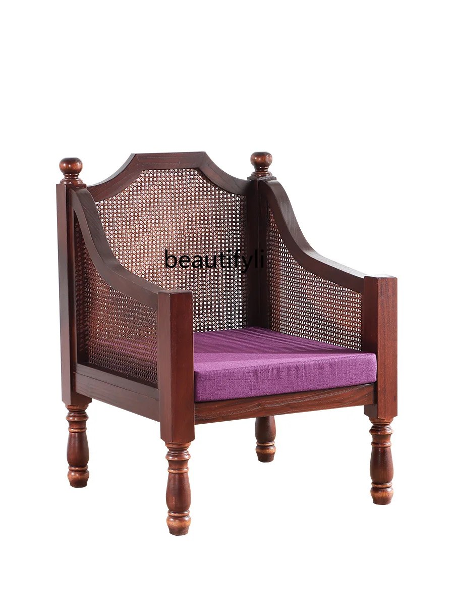 

Southeast Asian Style Furniture Thailand Solid Wood Backrest Chair Thai Style Old Elm Carving Club Single Sofa