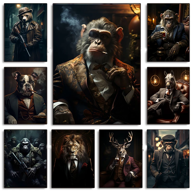 The Lionfather Smoking Monkey Classic Animals Personified Posters Canvas Painting Wall Art  Picture for Room Home Office Decor