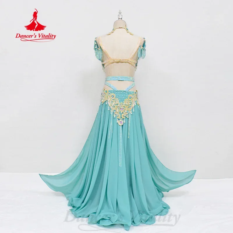 Belly Dancing Outfit Women Customized Pearl Tassel Bra+Luxury Diamond Split Long Skirt 2pcs Oriental Dance Performance Costumes