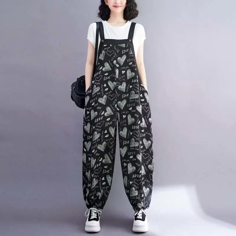 Large Size Printed Rompers New Summer Korean Loose Casual Jumpsuit Women Wide Leg Suspender Overalls Pants Ladies Rompers