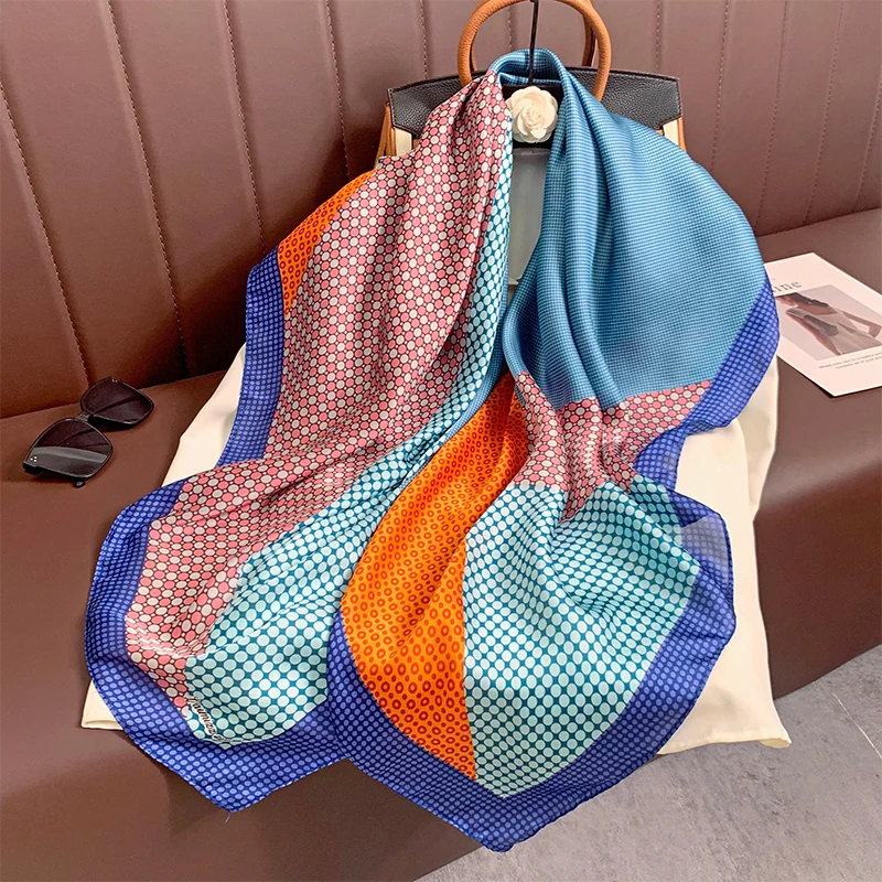 

110x110cm Women Silk Square Scarf Hijab Female Design Print Lady Shawl Wraps Foulard Headbands Bufanda Large Bandana Luxury 2023