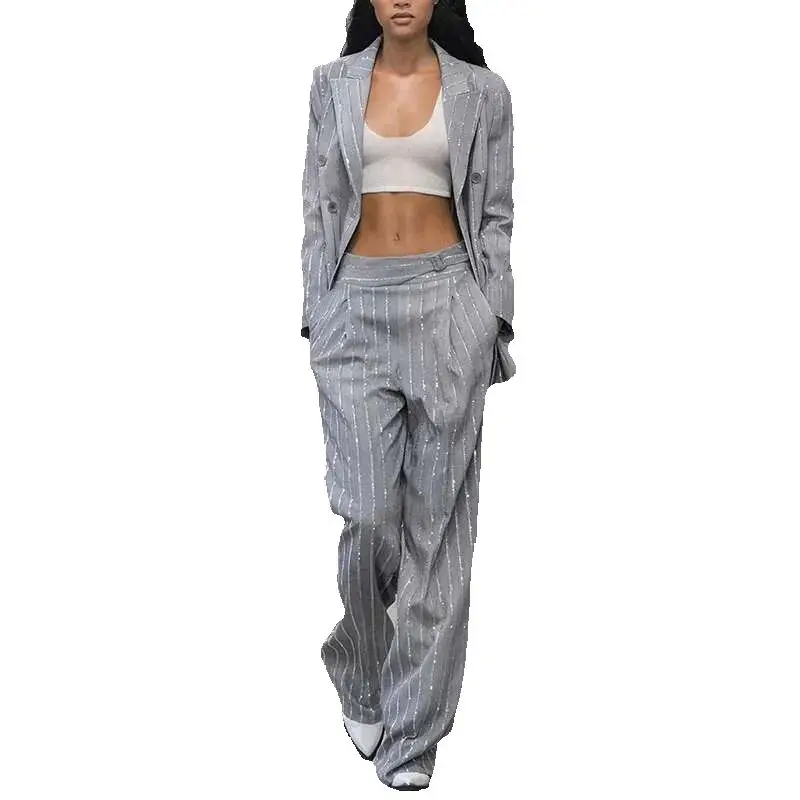 HKSH 2025 Spring New Women Tide Bright Silk Design Stripe High Sense Hot Diamond Double Breasted Suit Pants Two Piece Set HK3729