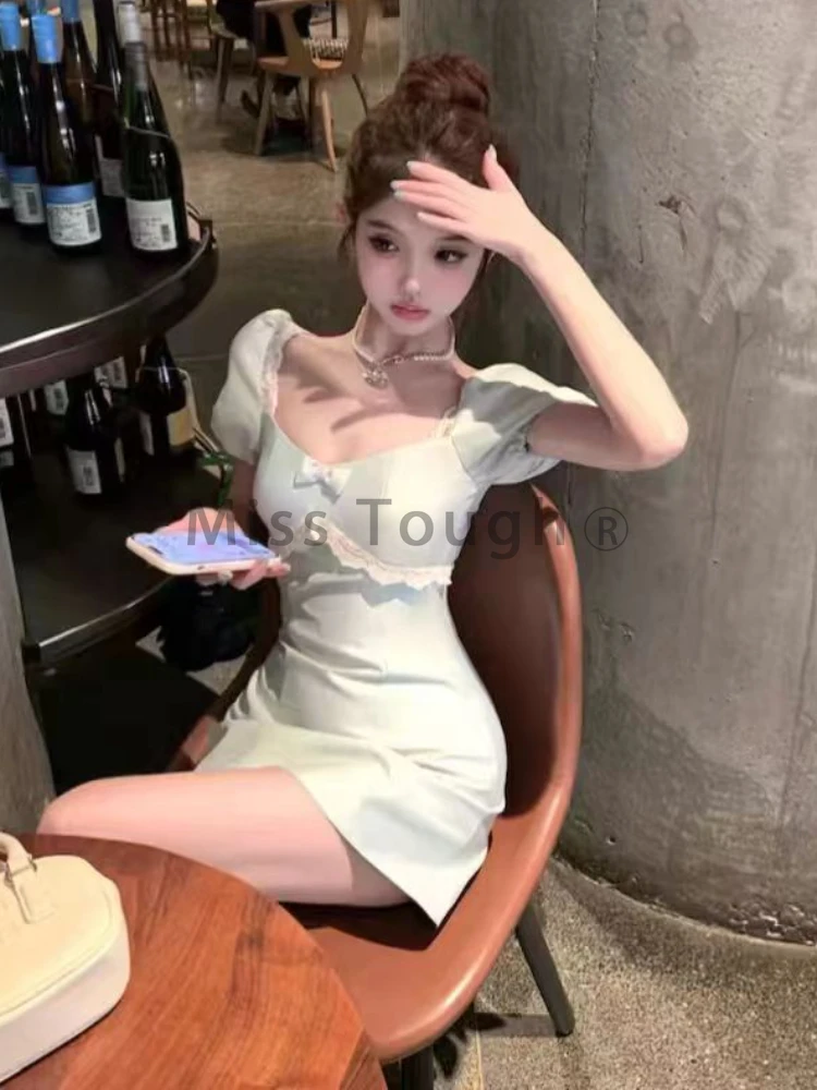 France Hepburn Polka Dot Party Mini Dress Women Elegant Sweet Lace Slim Streetwear Dresses Fashion Chic Bow Short Sleeve Clothes