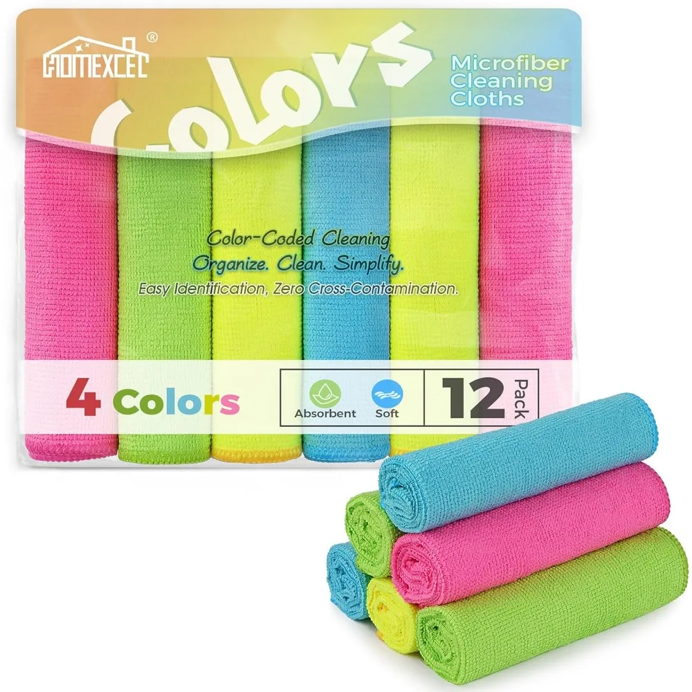 

Ultra Soft Microfiber Cleaning Cloths 210GSM 12 Pack 11.5x11.5 Reusable Towels for Car Glass Kitchen Blue Green Yellow Pink