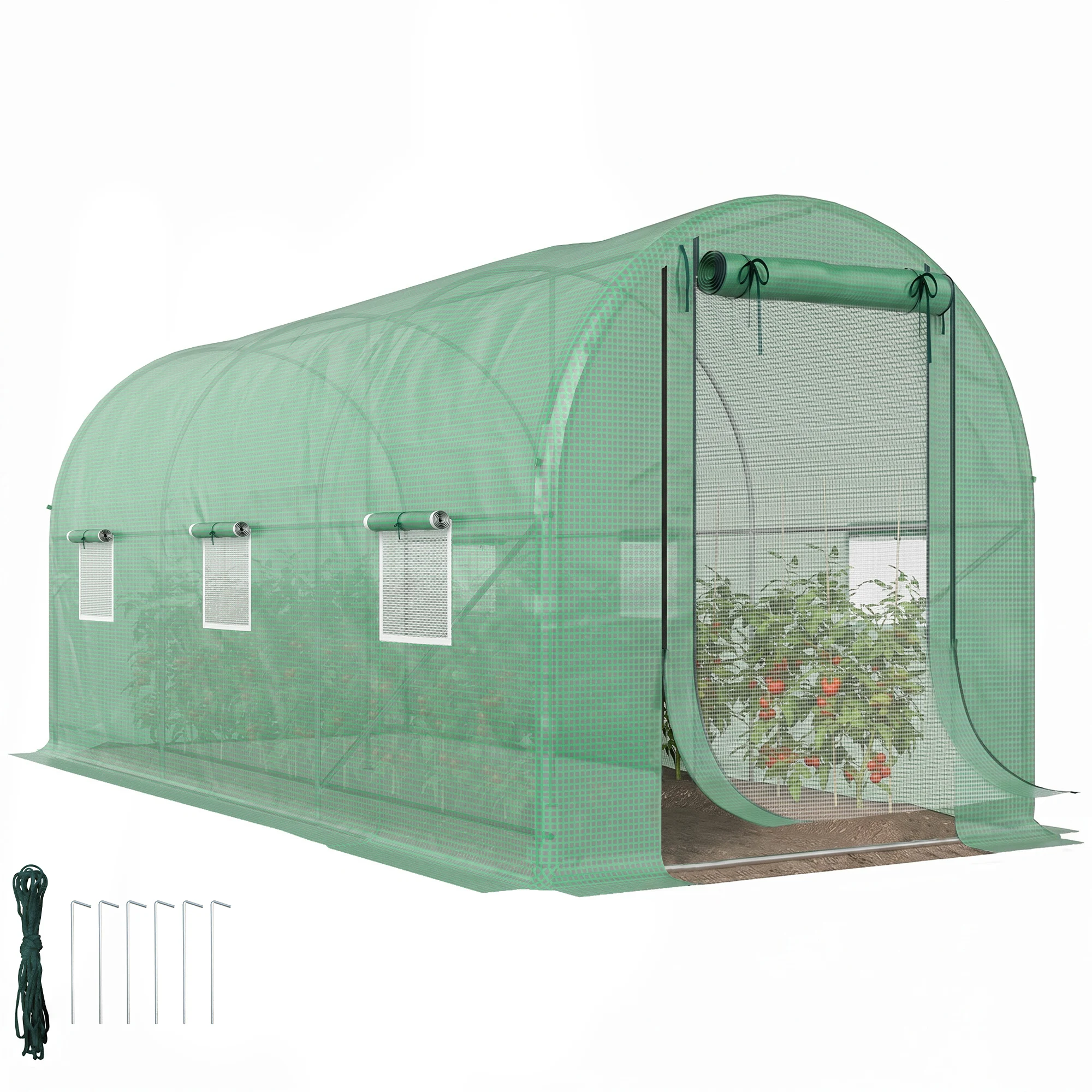 Ring-Shaped Greenhouse with 2 Support Poles, with Mesh Door, Walk-In Greenhouse, Green Color