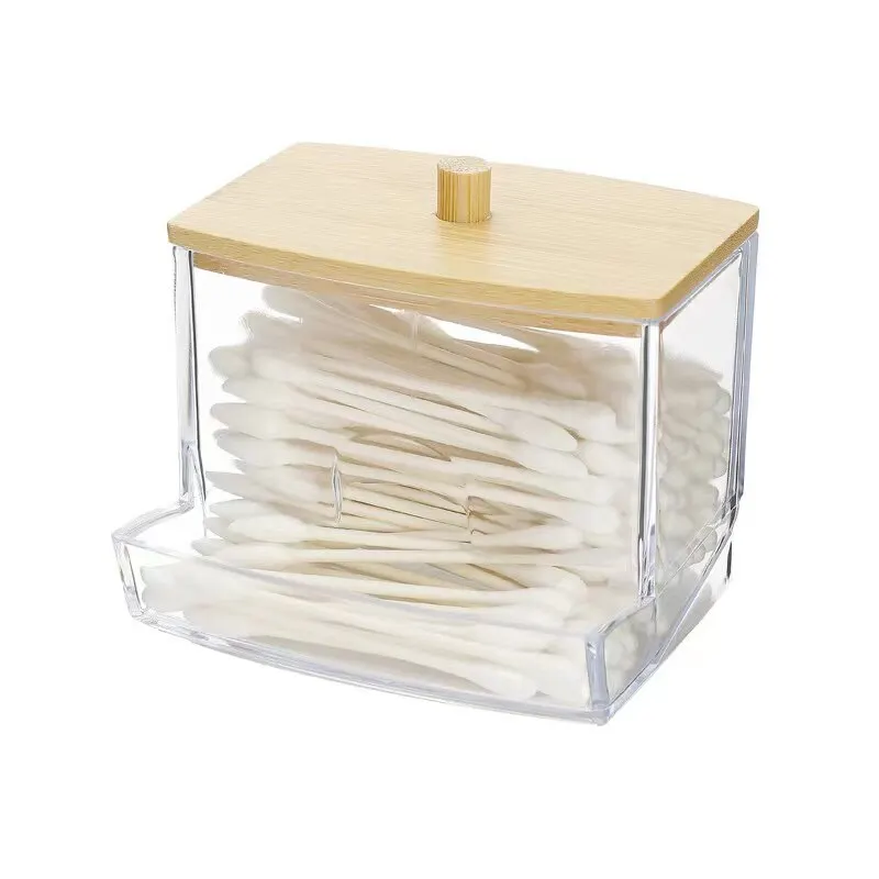 Cotton Swab Box - Transparent Bamboo Cover Dustproof Cotton Swab Toothpick Storage Box Multi-Purpose Visible Dispenser