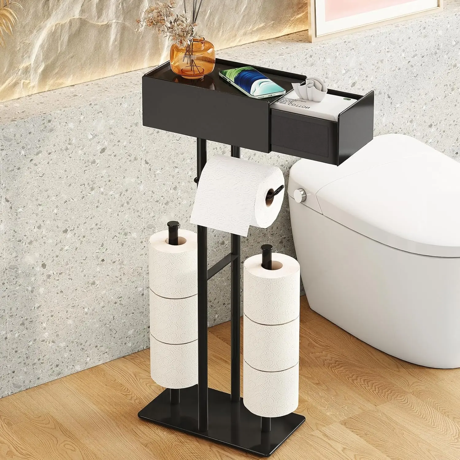 

Free Standing Toilet Paper Holder with Shelf,Stand Mega Roll Toilet Paper Holder with Storage,Freestanding Tp Holder with Drawer