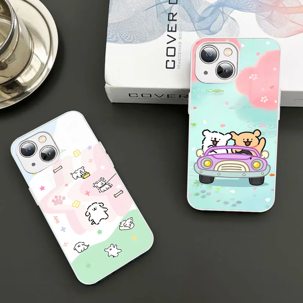 

Line Cute Puppy Phone Case Tempered Glass For iphone 14 13 12 11 Pro Mini XS MAX 14Plus X XS XR Fundas