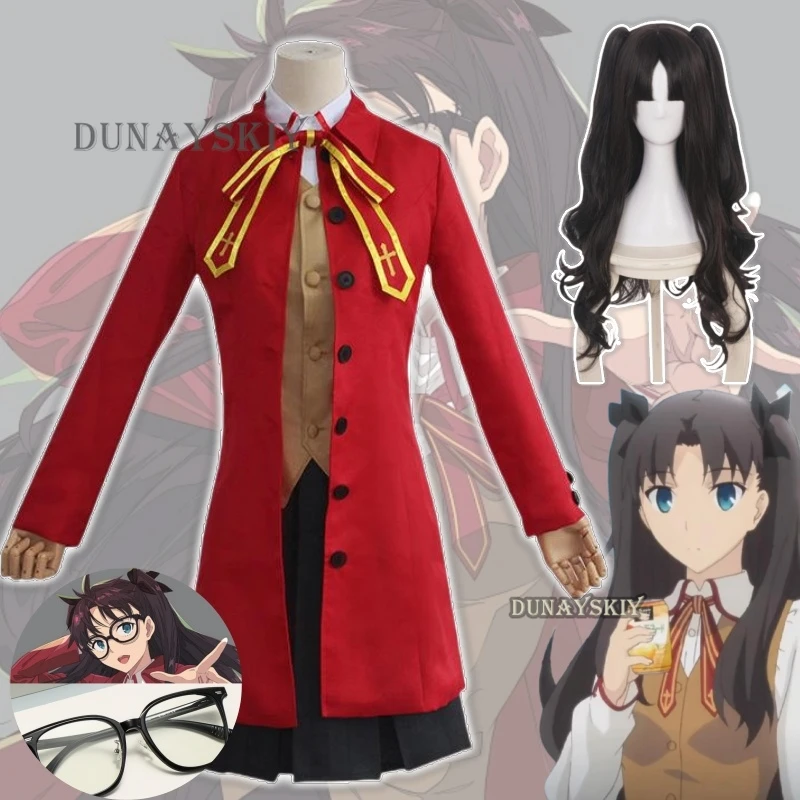 Anime Game Fate/stay Night Tohsaka Rin Cosplay Costume Wig Red Devil Wig Long Coat School Uniform Skirt Woman Kawaii Campus Suit