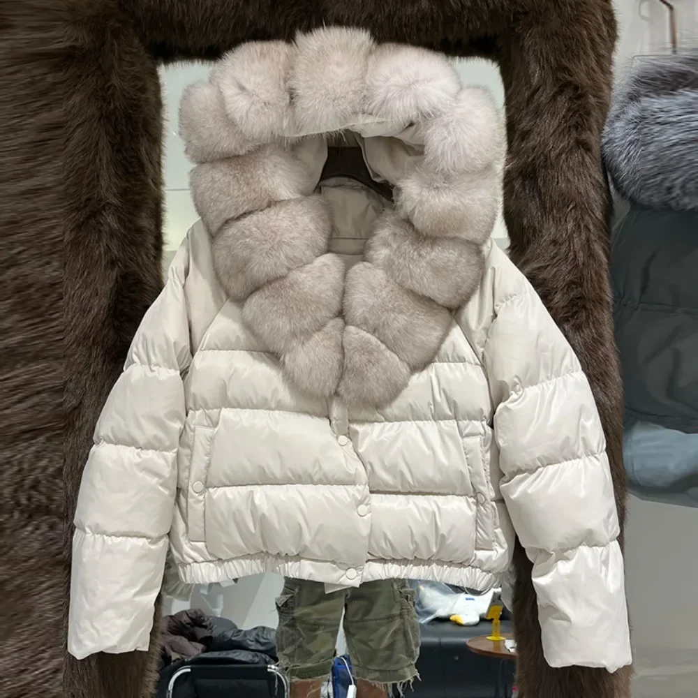 Vrouwen korte pufferjas met capuchon, natuurlijk vossenbont, bontjas, echte winter eendendonsjas, vrouwelijke parka's, echtheidsbont, uitloper