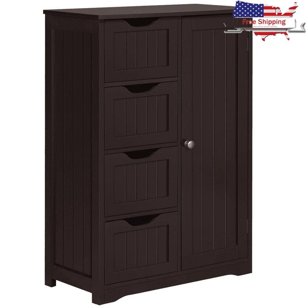 

4 Drawers Wooden Bathroom Storage Cabinet Free Standing MDF Organizer with Adjustable Shelves Wall Mounting Hardware Espresso