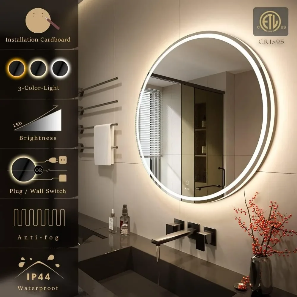 40-inch round bathroom vanity mirror with LED, adjustable color temperature, wall-mounted vanity mirror with smart touch buttons