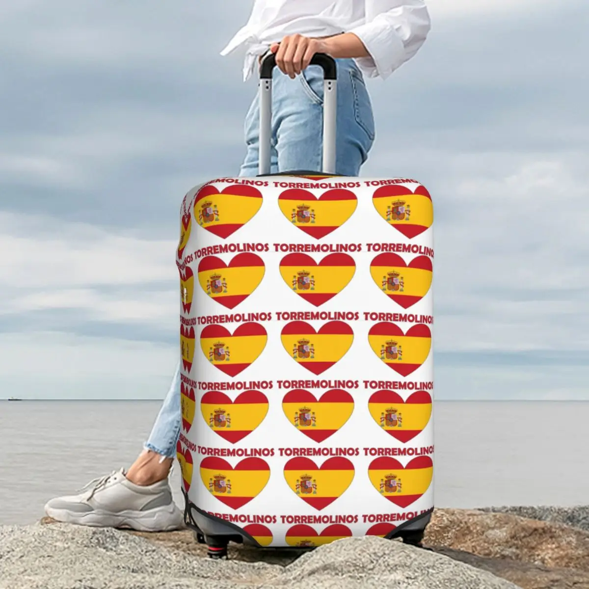 

Heart Flag Love Torremolinos Spain Suitcase Cover Protection Elastic Travel Luggage Protector Covers for 18-32 Inch