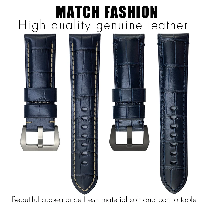 24mm Genuine Leather Watchband for Panerai PAM LUMINOR 1950 PAM00359 00510 441 Crocodile Texture Blue Cowhide Watch Strap