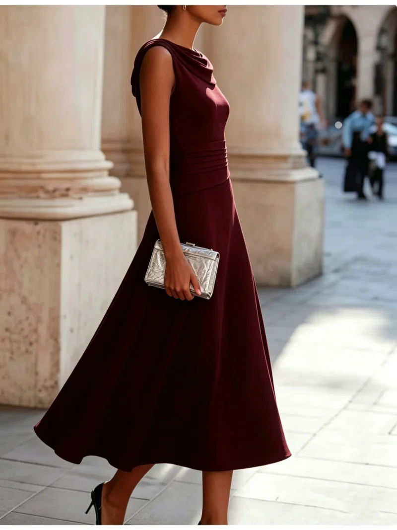 Women's Sleeveless Cowl Neck A Line Chiffon Midi Dress for Cocktail Party and Wedding Guest