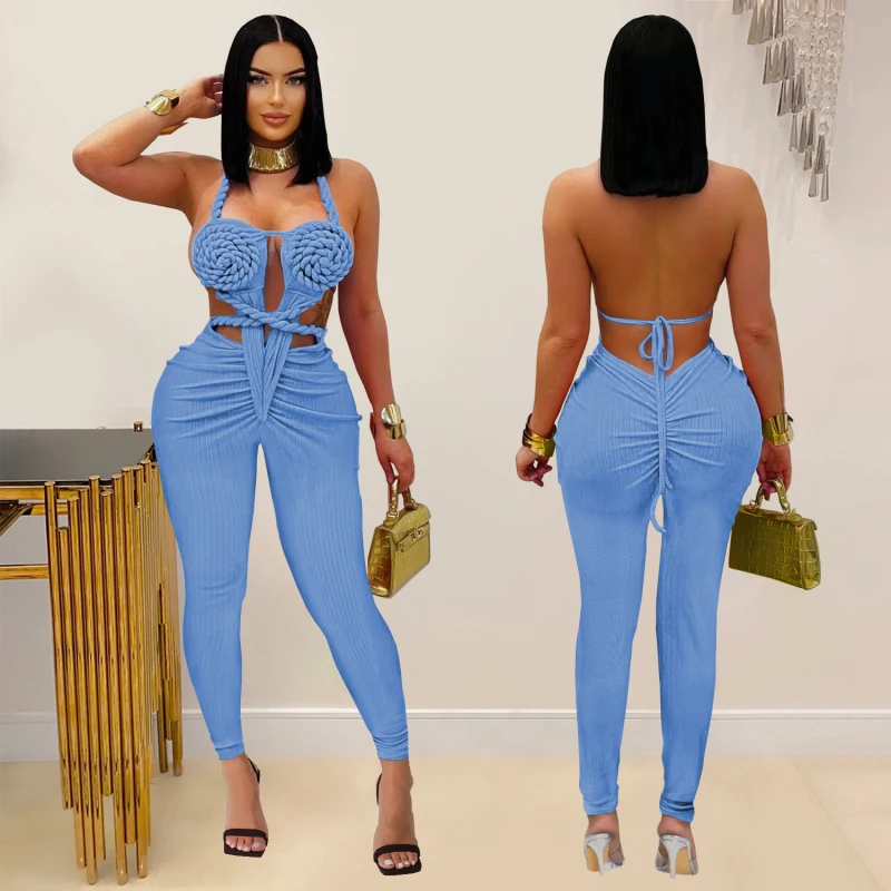 Trenty Sexy Women Halter Neck Knit Ribbed Ruched Stacked Jumpsuits Summer Vacation Beach Romper Playsuit One Piece Set Outfits