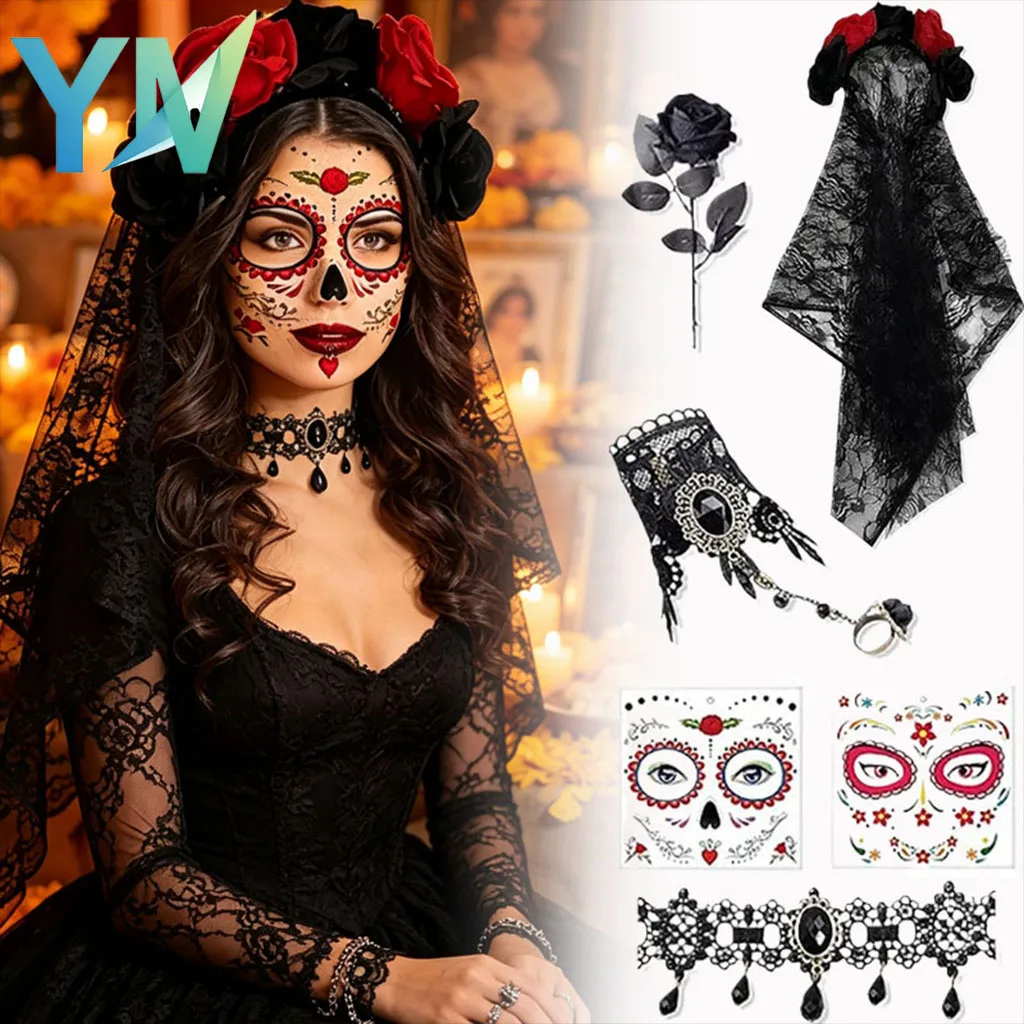 1-5-ensembles-de-bijoux-de-mariee-gothique-dia-de-los-muertos-voile-en-dentelle-noire-avec-roses-rouges-collier-ras-du-cou-et-bracelet-pour-femme-cosplay
