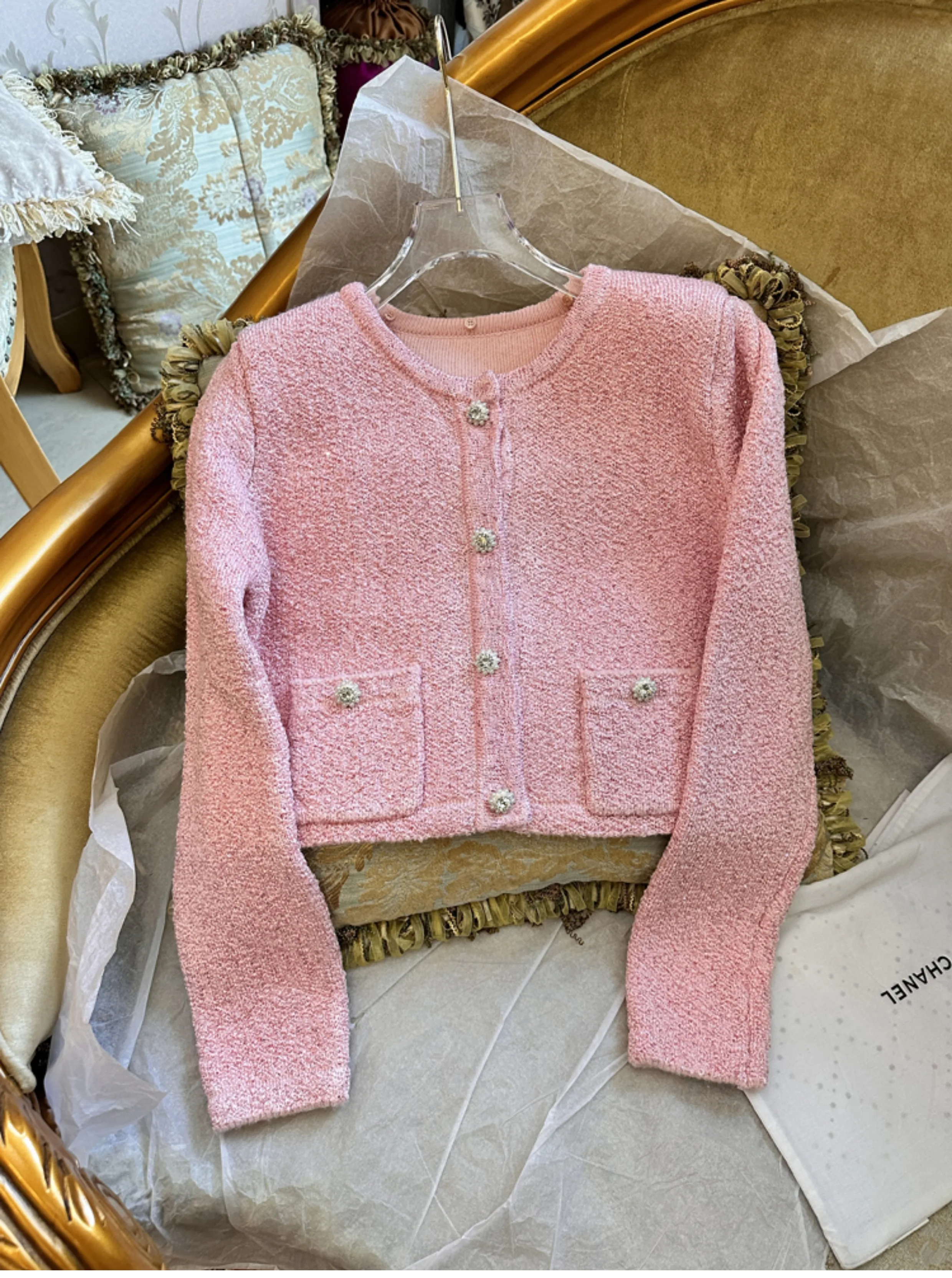 2024 Early Spring New Christmas Style Pink Fur Collar Long Sleeve Gentle Knitting Suit Short Girl Style Top Fashion Dress Sets