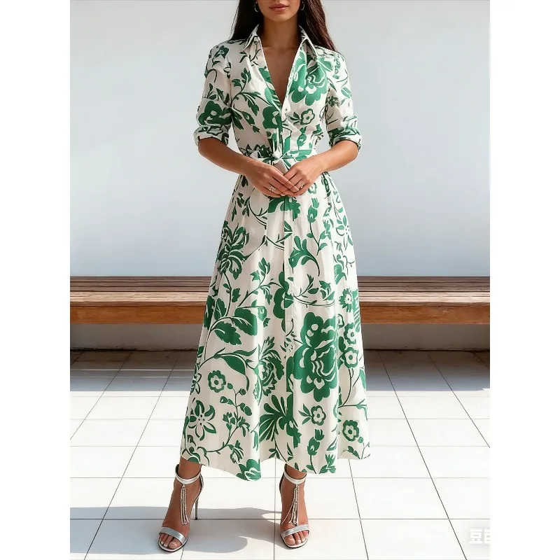 Fashion Contrasting Color Waist Lace Up Long Women's Shirt Dress Spring and Summer New Single Breasted Elegant Ladies Dresses