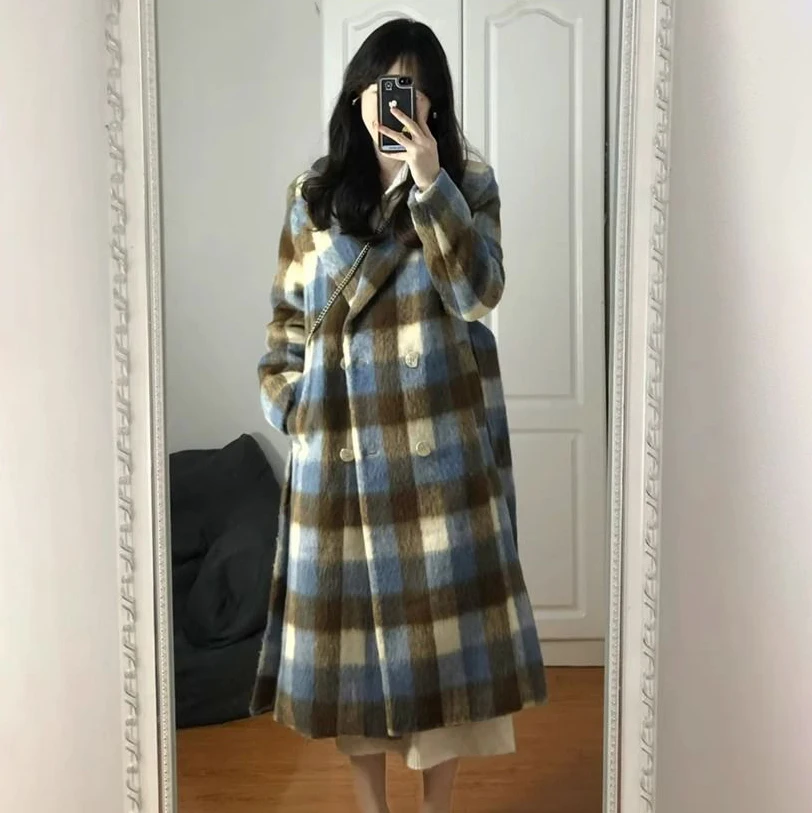 

Шерстяной плащ в клетку, женское пальто, осень-зима 2026, новое корейское свободное двубортное пальто средней длины в стиле Хепберн