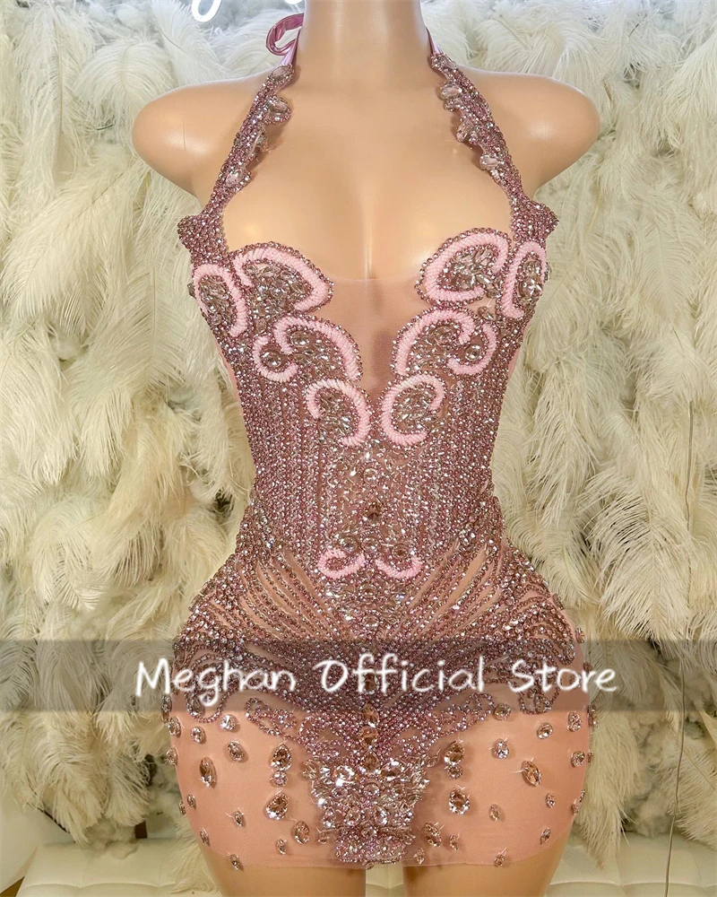 

Pink Halter Short Prom Dresses Black Girl Bead Crystal Rhinestone 2025 Birthday Luxury Dress Party Gown Homecoming Customized
