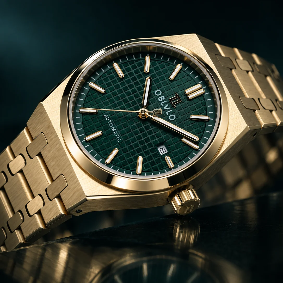 OBLVLO Luxus-Herrenuhr, Gelbgold, grünes Zifferblatt, mechanische Uhr, leuchtend, 50 m wasserdicht, automatische, lässige Uhr für Herren, TM-SIM