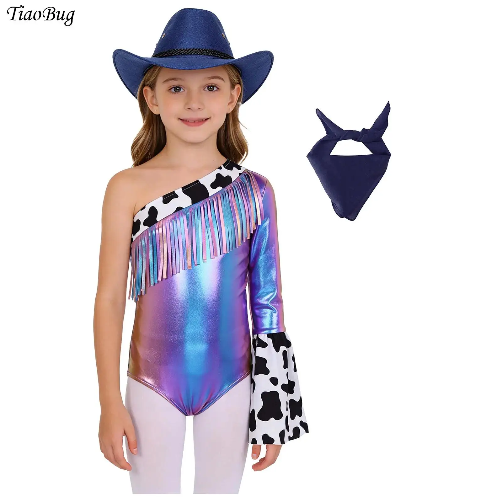 

Girls Western Cowgirl Cowboy Costume One Flare Sleeve Fringed Metallic Leotard Bodysuit Hat Bandanna Set Halloween Performance