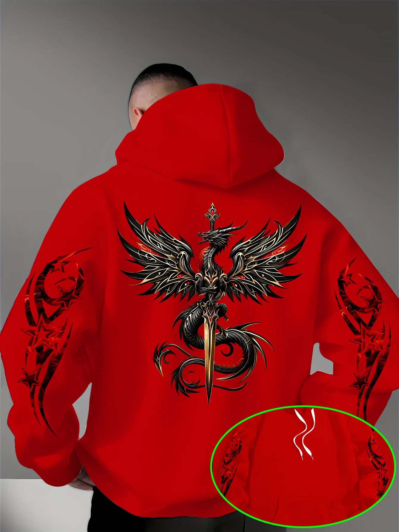 Herren Gothic Drachenschwert Hoodie Rot-Gold Drachen-Grafik Schwarzer Streetwear Pullover Sweatshirt Hip-Hop Sport Casual Top – Detail 6