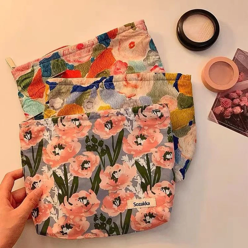 Cute Oil Painting Flower Cosmetic Bag Portable Simple Soft Zip Storage Bag Commuter Coin Key Bag Travel Wash Bag