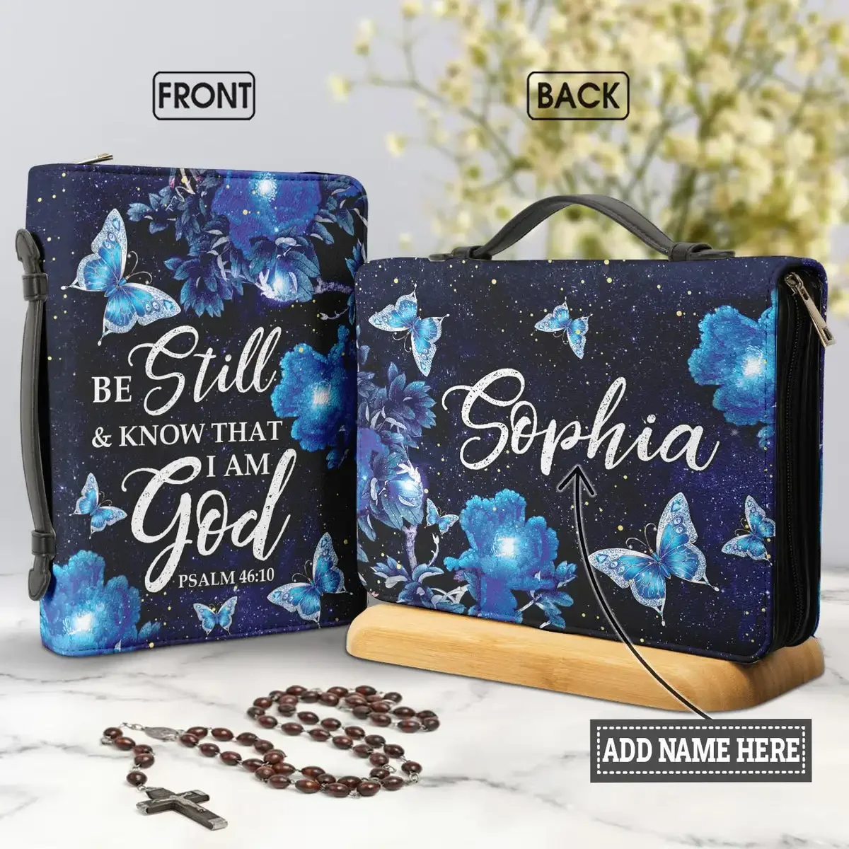 

Luxury Brand Blue Butterflies Print Women PU Leather Bible Cover Be Still And Know That I Am God Verse Holy Study Book Box Case