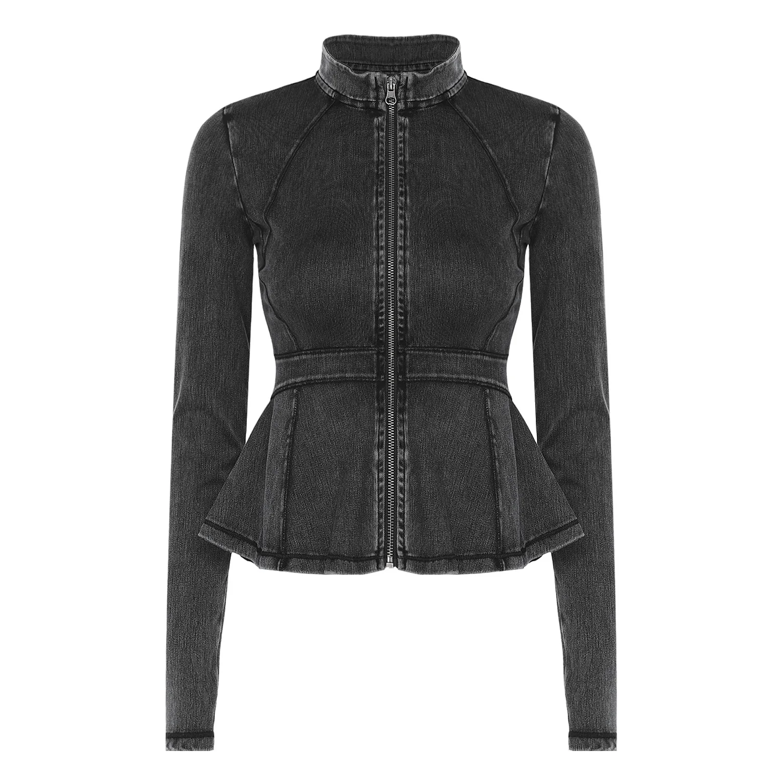 

Women Denim Peplum Jacket Party Daily Wear Fashion Stand Collar Long Sleeve Zipper Slim-Fit Ruffle Coat Workout Athletic Outwear