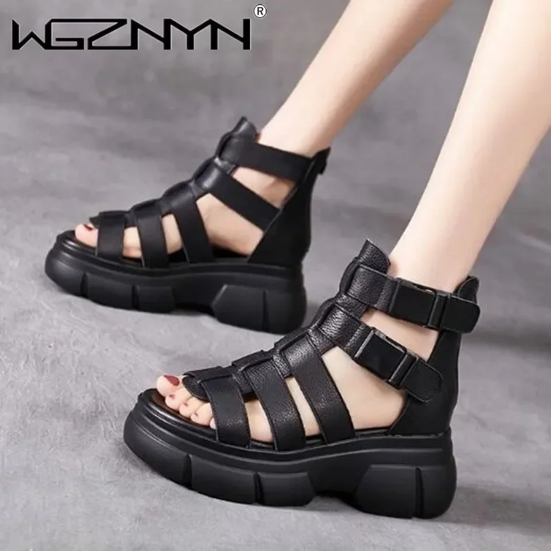 Luxuriöse handgefertigte Retro-Schuhe aus echtem PU-Leder für Damen, neue Stiefeletten, handgefertigte, ausgehöhlte, lässige Plateau-Sandalen für den Sommer
