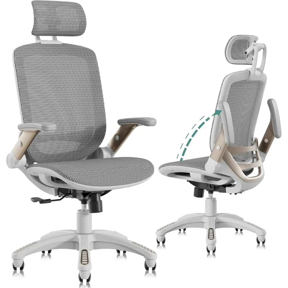 Ergonomic office chair, high-back home desk chair with headrest, flip-up arm, 90-120° tilt lock and wide back cushion