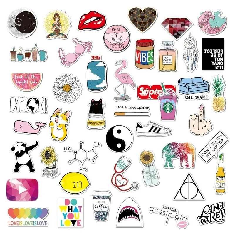 1Set =46PCS Pink Girl Cute Literary Trolley Case Stickers Waterproof Personality Guitar Skateboard Doodle Stickers